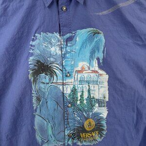 Versace Jeans Couture Ittierre Italy Made XS Graphic Button Up Shirt Blue Villa